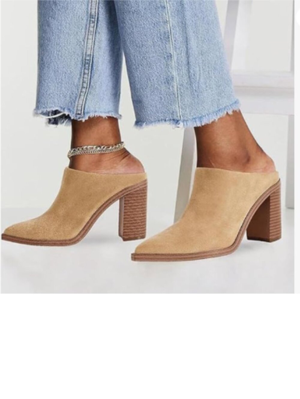 FOWT Camel Pointed Toe Slip On Mules Stacked Block High Heel Sandal Proms Shoes